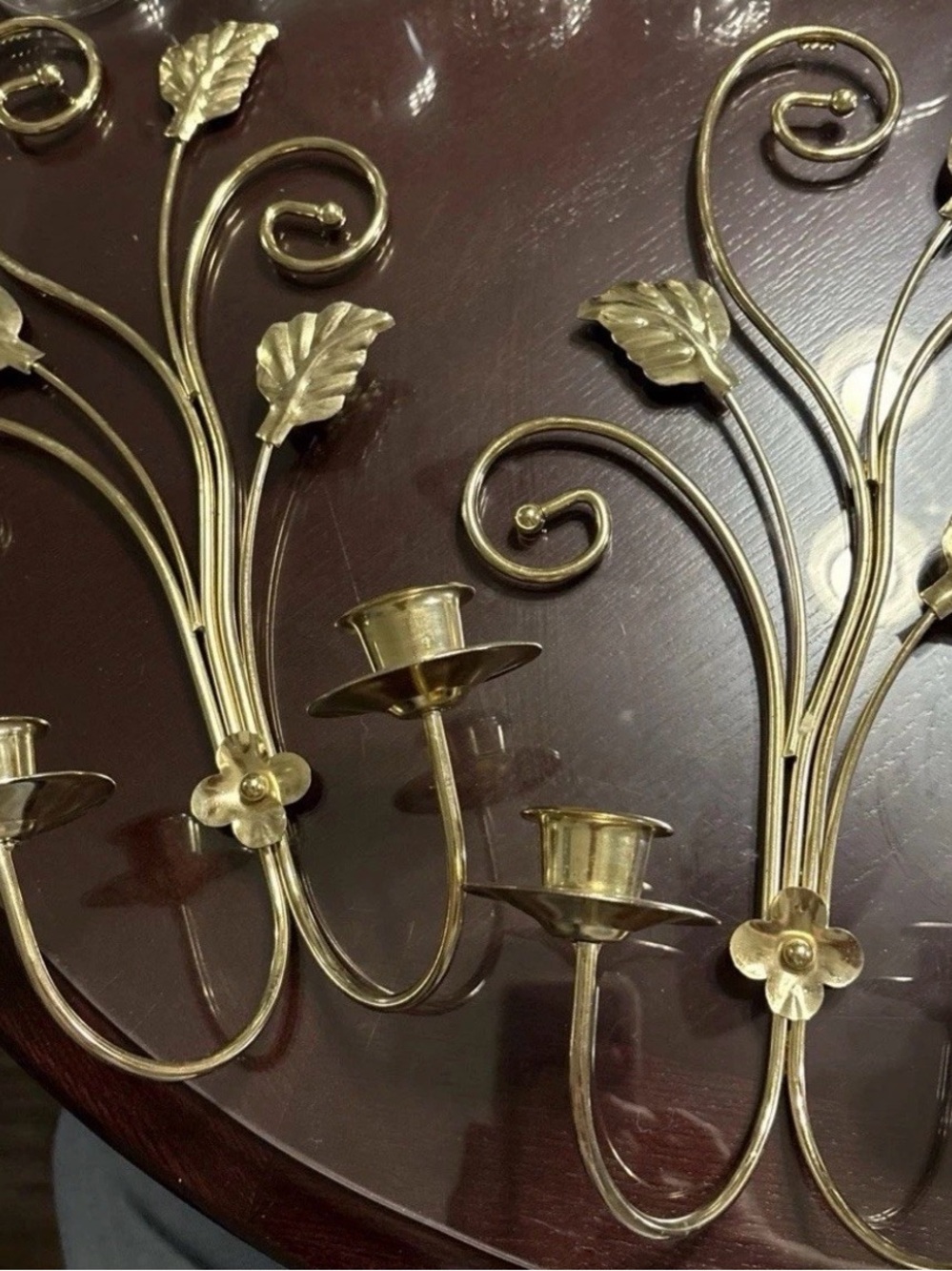 Vintage Brass Home Interior Scroll & Leaf Double Candle Wall Sconces - Picture 4 of 4